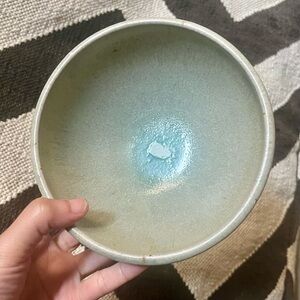 Studio Pottery Bowl Sage Green Drip Glaze Signed Ceramic Modern Coastal Neutral
